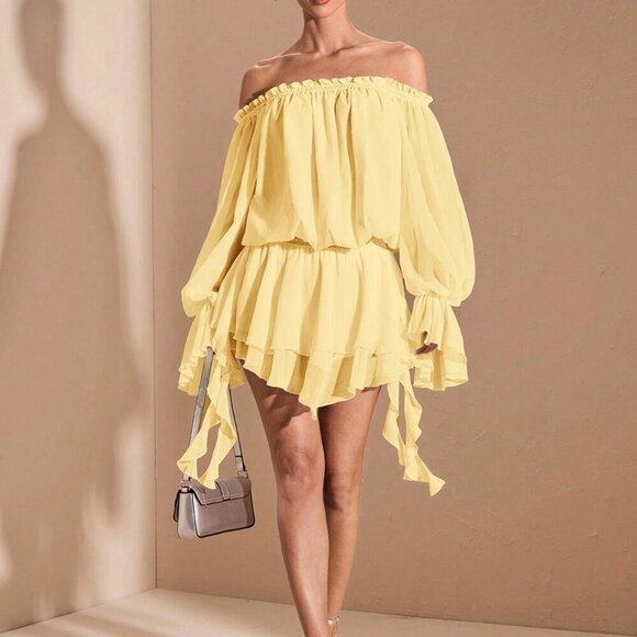 Yellow Boho Women's Elegant French Style Off Shoulder Long Sleeve Shirt Dress - Picture 3 of 9